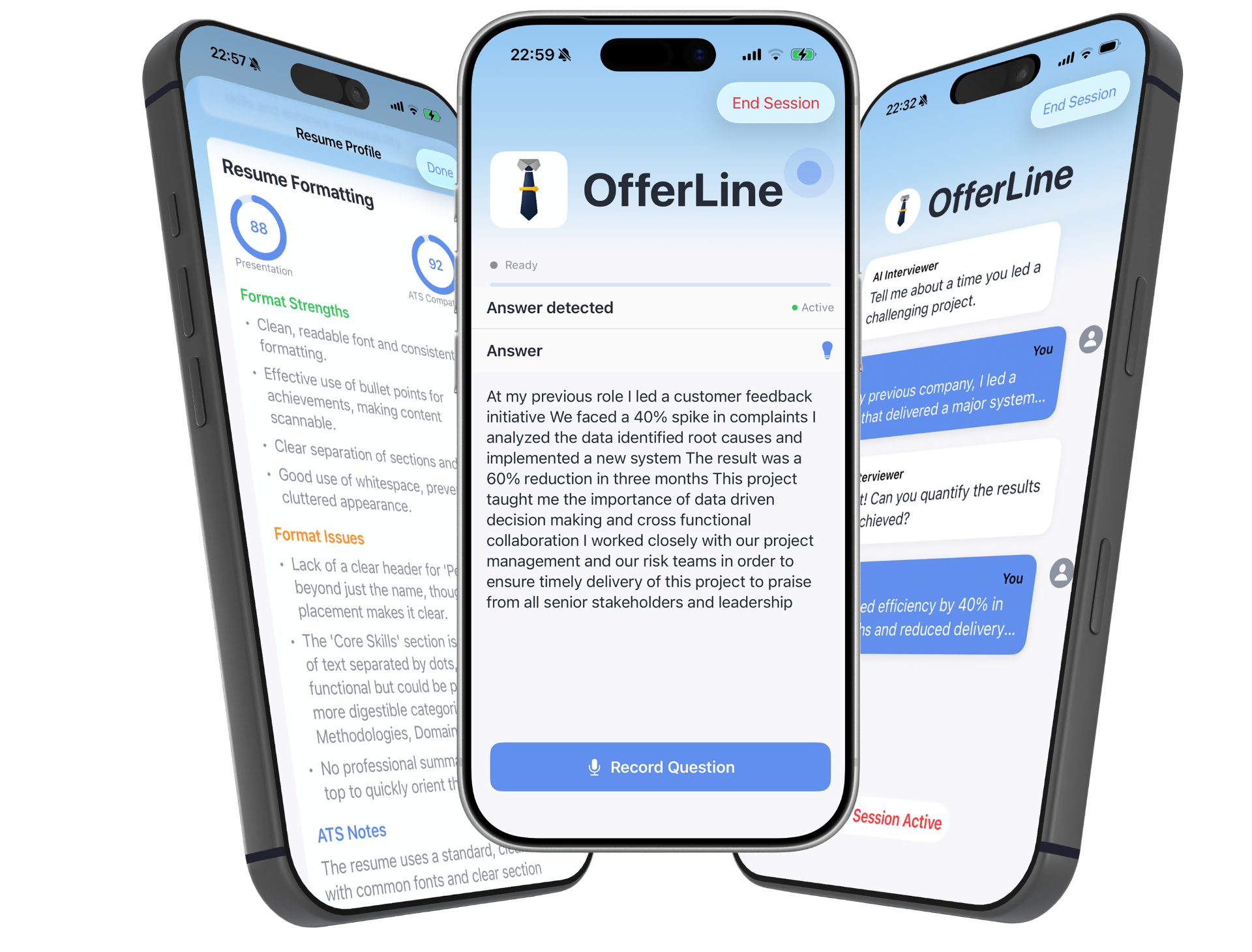 OfferLine app screenshots showing AI interview coaching features